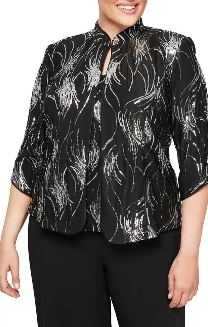 Women Alex Evenings All Plus*Plus Fireworks Sequin Twinset With Mandarin Neck Collar