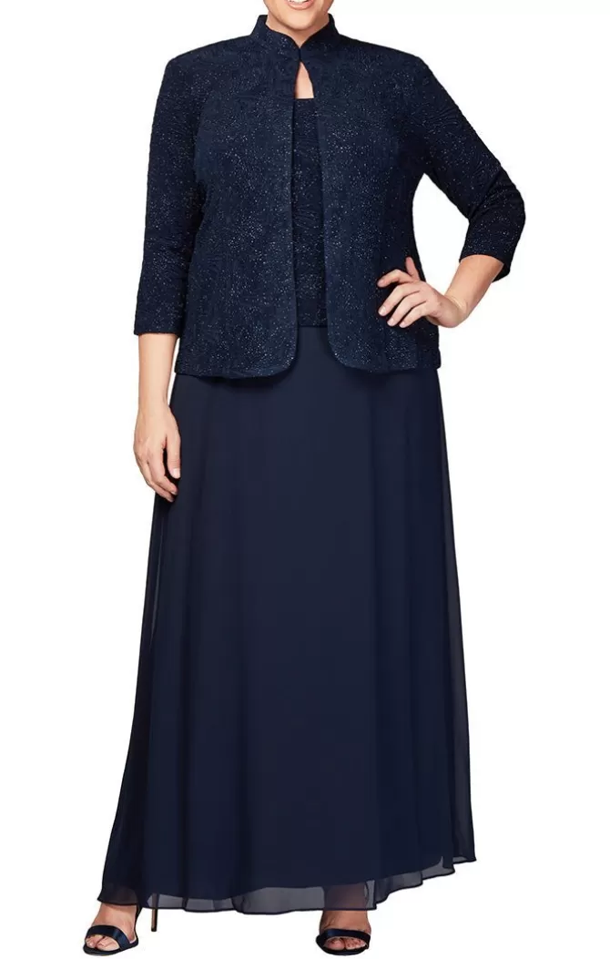 Women Alex Evenings All Plus*Plus Glitter Jacquard Knit Jacket Dress With Mandarin Neckline