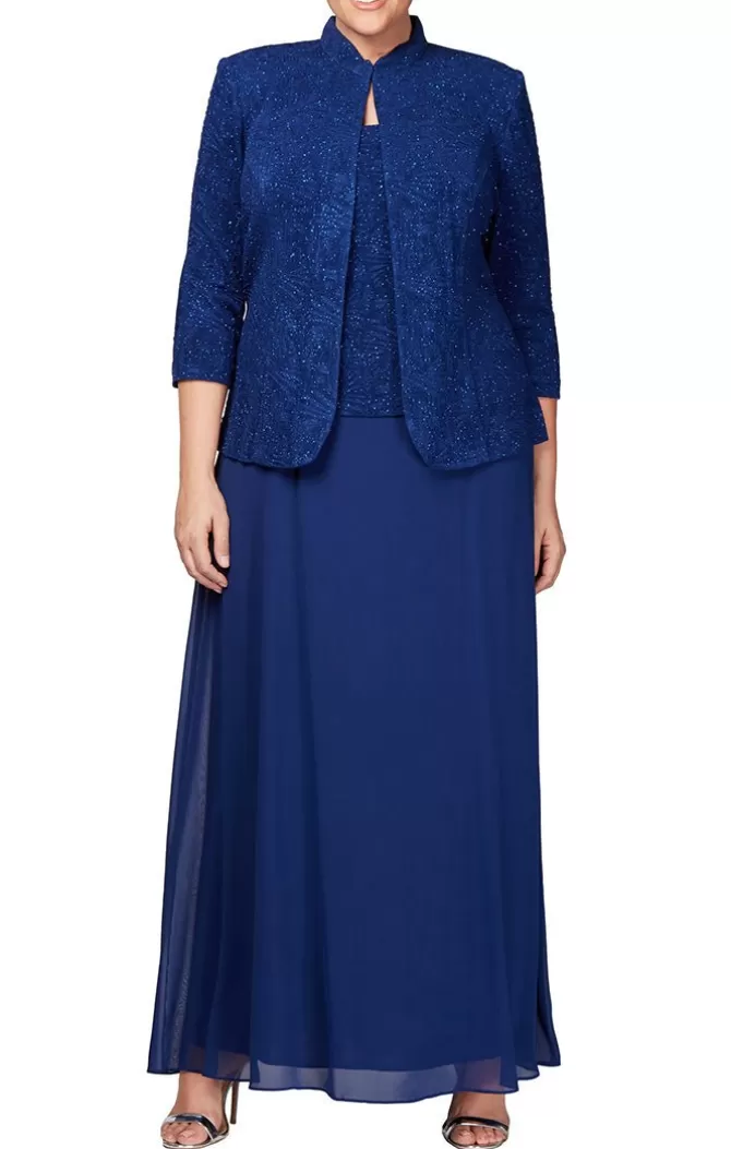 Women Alex Evenings Plus Sizes*Plus Glitter Jacquard Knit Jacket Dress With Mandarin Neckline