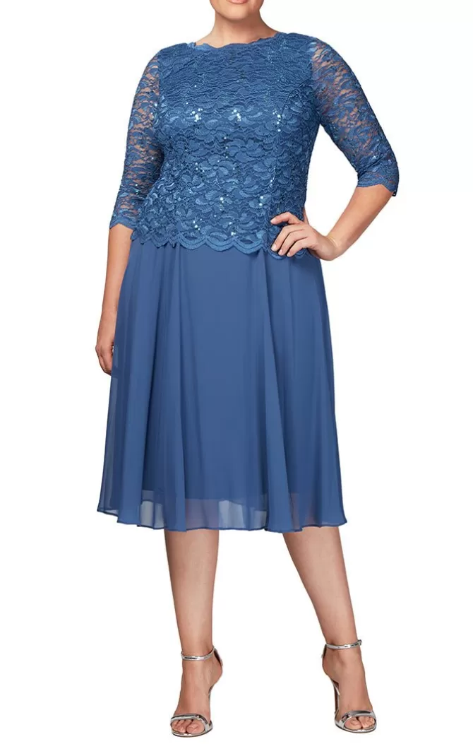 Women Alex Evenings All Plus*Plus Tea-Length Dress With Sequin Lace Bodice & Chiffon Skirt