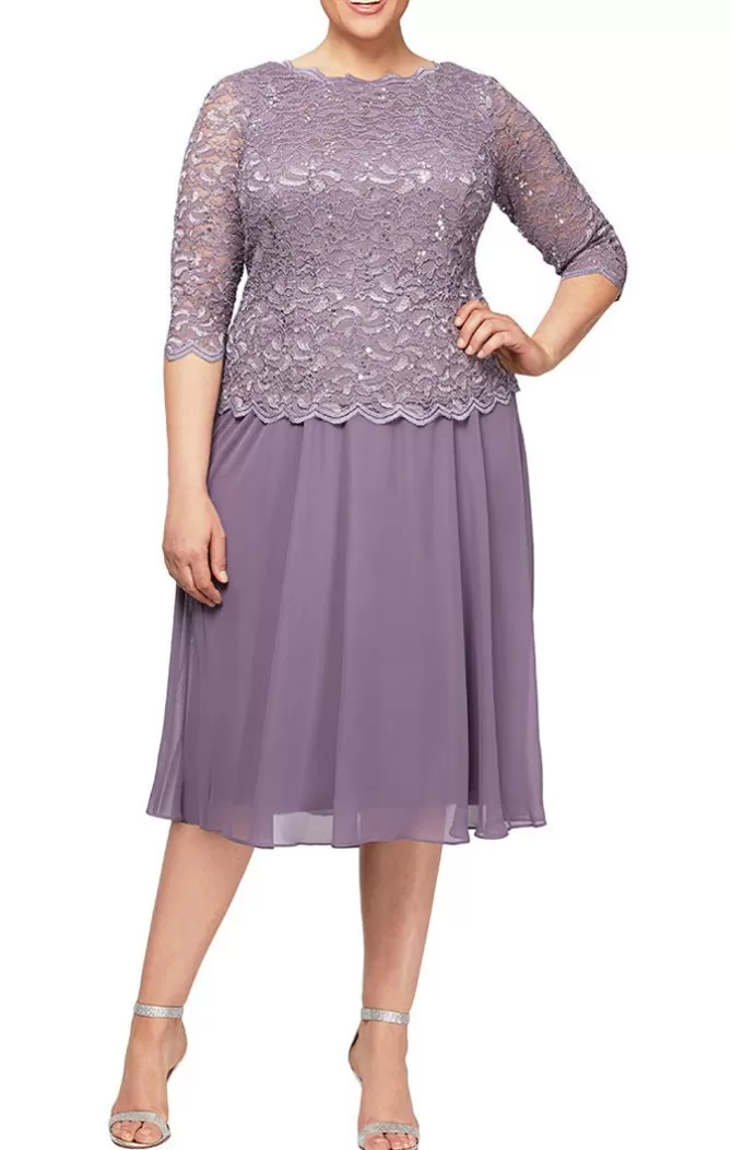 Women Alex Evenings Plus Sizes*Plus Tea-Length Dress With Sequin Lace Bodice & Chiffon Skirt