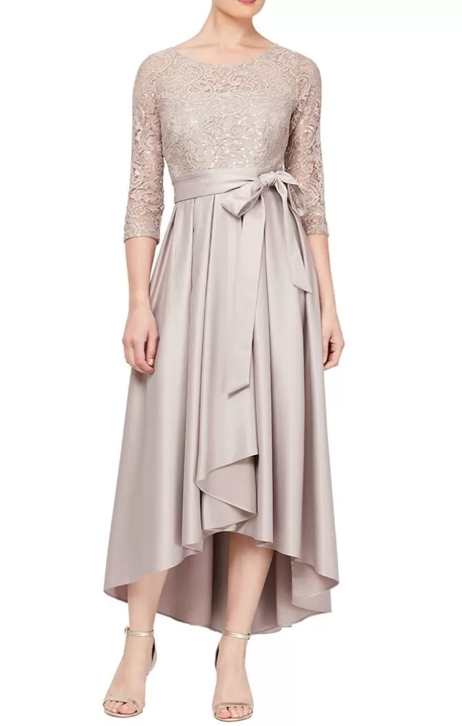 Women Alex Evenings Spring Collection*Sequin Lace Party Dress With Satin Skirt & Ribbon Belt