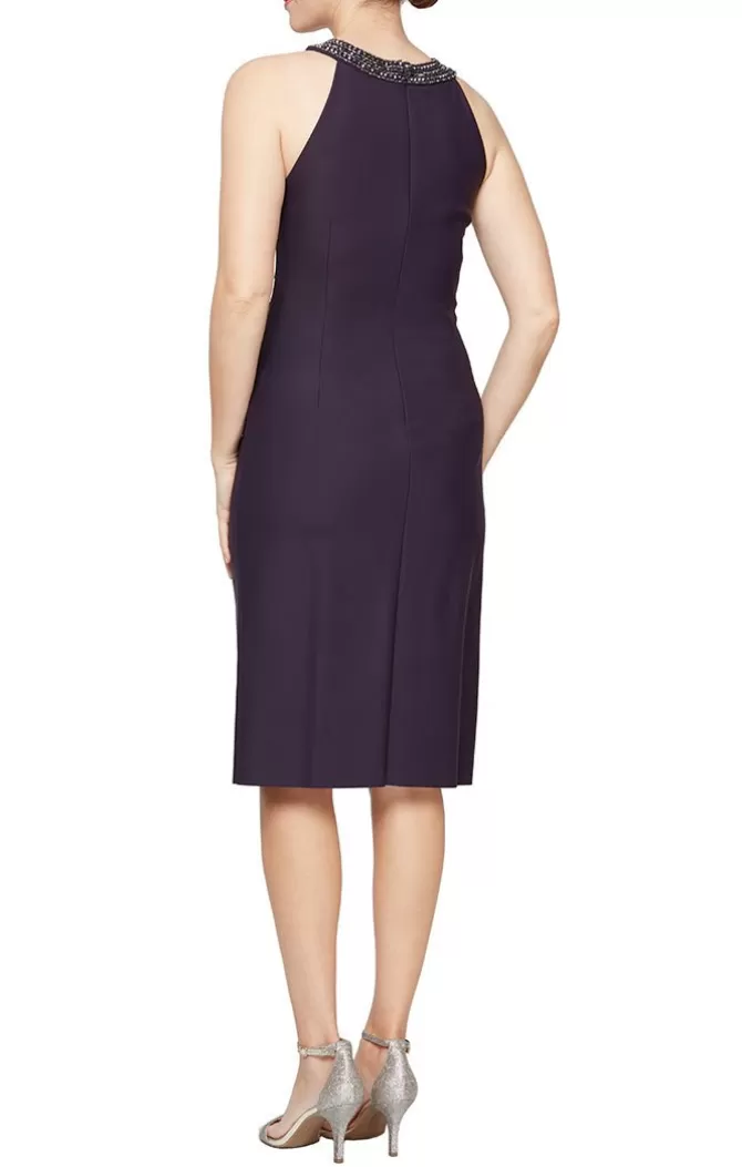 Women Alex Evenings Knee Length*Sheath Compression Dress With Embellished Halter Style Neckline