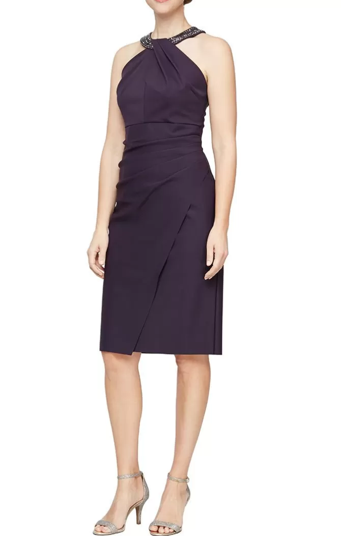 Women Alex Evenings Eggplant*Sheath Compression Dress With Embellished Halter Style Neckline