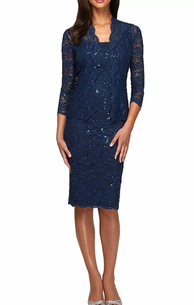 Women Alex Evenings Navy*Sheath Lace Jacket Dress