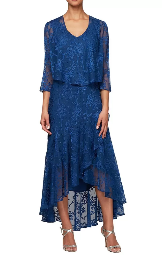 Women Alex Evenings Blue*Tea-Length Chiffon Jacket Dress With High/Low Tulip Hem Skirt