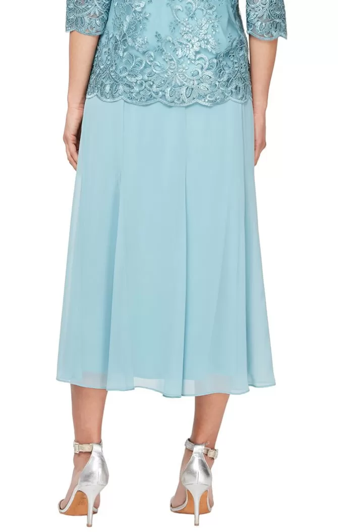 Women Alex Evenings Green*Tea-Length Chiffon Skirt