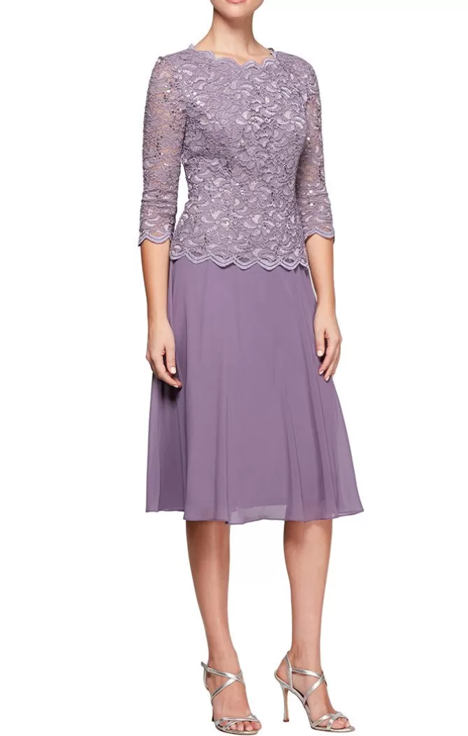 Women Alex Evenings All Regular*Tea-Length Dress With Sequin Lace Bodice & Chiffon Skirt