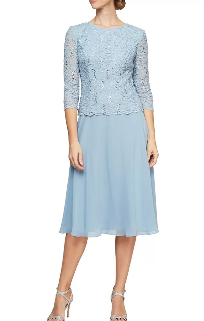 Women Alex Evenings Champagne*Tea-Length Dress With Sequin Lace Bodice & Chiffon Skirt