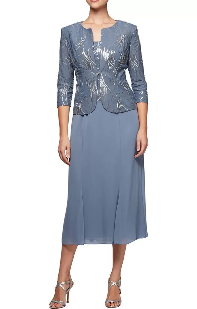 Women Alex Evenings Grandmother-Of-The-Bride*Tea-Length Firework Sequin Jacket Dress With Chiffon Skirt