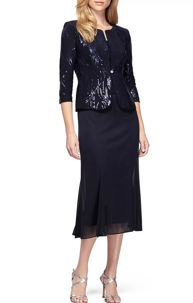 Women Alex Evenings All Regular*Tea-Length Firework Sequin Jacket Dress With Mesh Skirt