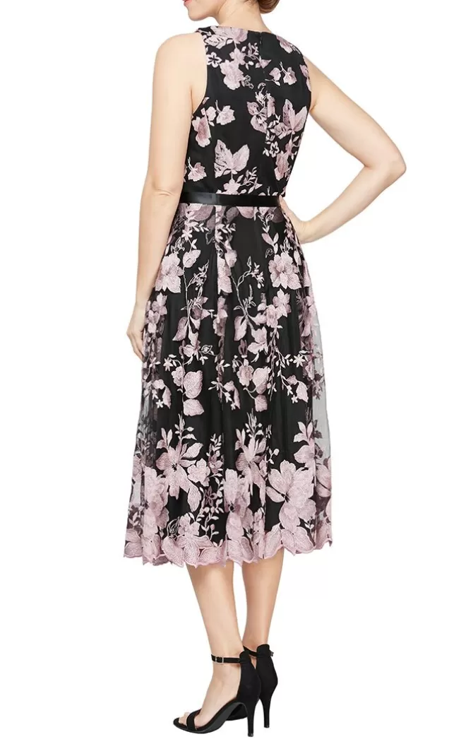 Women Alex Evenings Party Dresses*Tea-Length Sleeveless Embroidered Dress With Full Skirt & Tie Belt