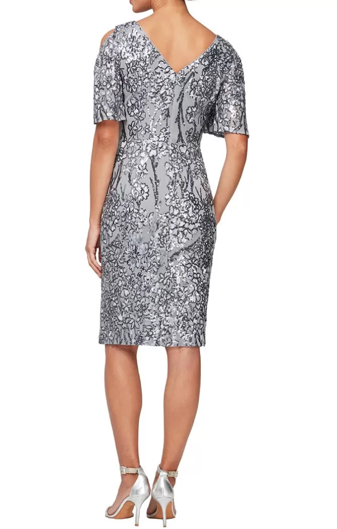 Women Alex Evenings Flutter Sleeve Dresses*V-Neck Sequin Cocktail Dress With Cold Shoulder Flutter Sleeves