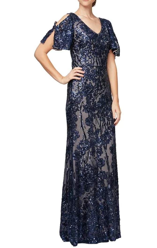 Women Alex Evenings Long Dresses*V-Neck Sequin Dress With Cold Shoulder Flutter Sleeve