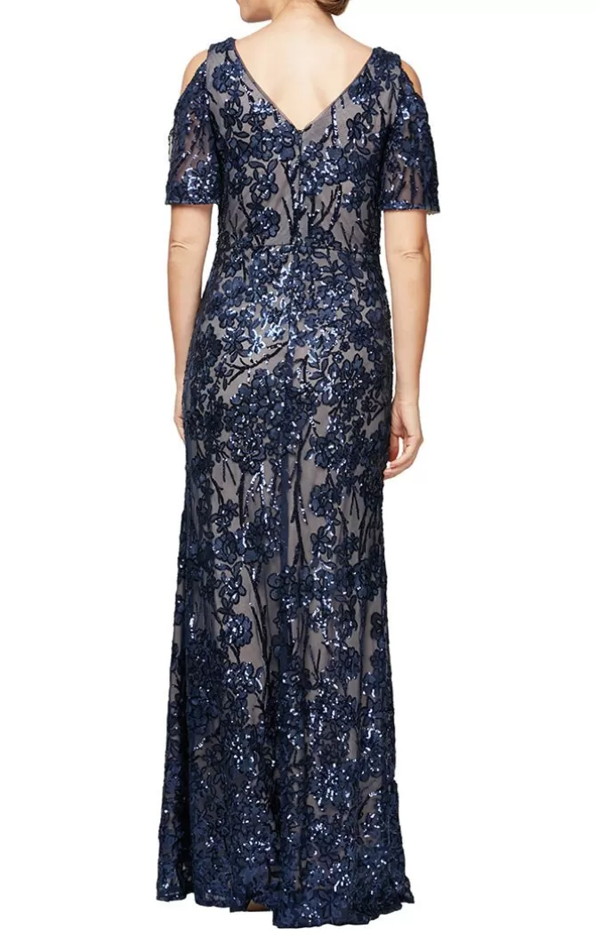 Women Alex Evenings Mother-Of-The-Bride*V-Neck Sequin Dress With Cold Shoulder Flutter Sleeve